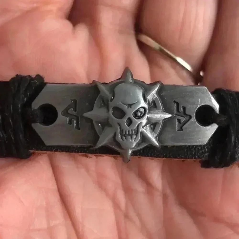 Pewter Skulls Compass Leather & Hemp Adjustable Bracelet G NWT